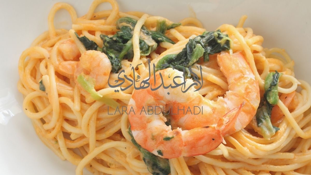 Spaghetti in Spinach & Garlic Lemon Shrimp